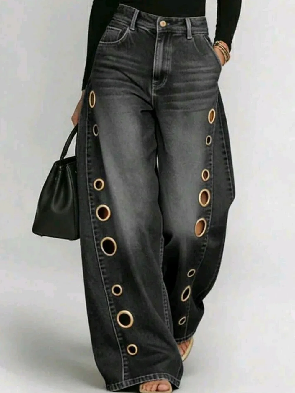 Wide Leg Black Jeans with Gold Eyelet Detail - Picture 6 of 6